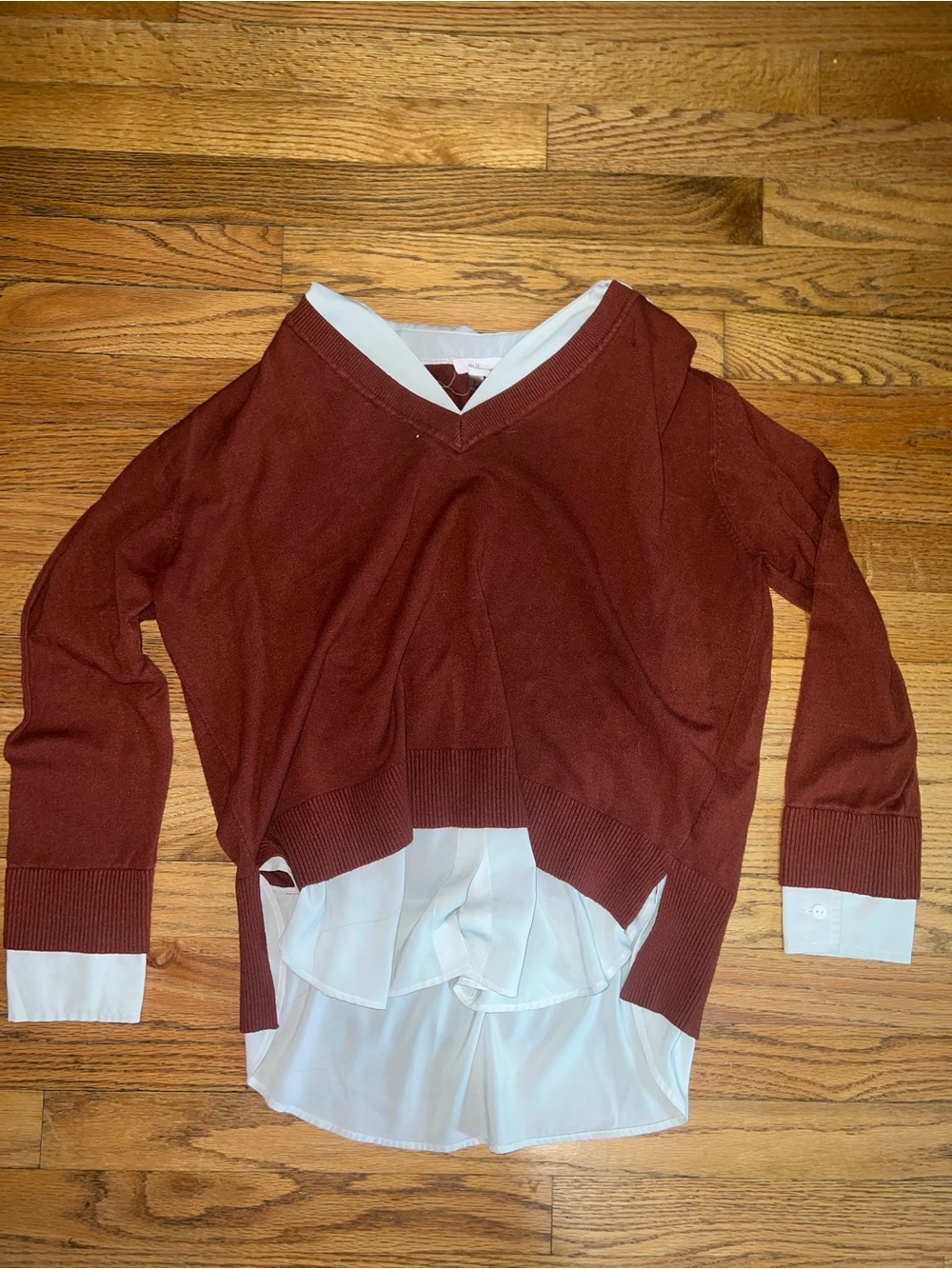 Milano Layered V-Neck Sweater with White Shirt Hem - Rust